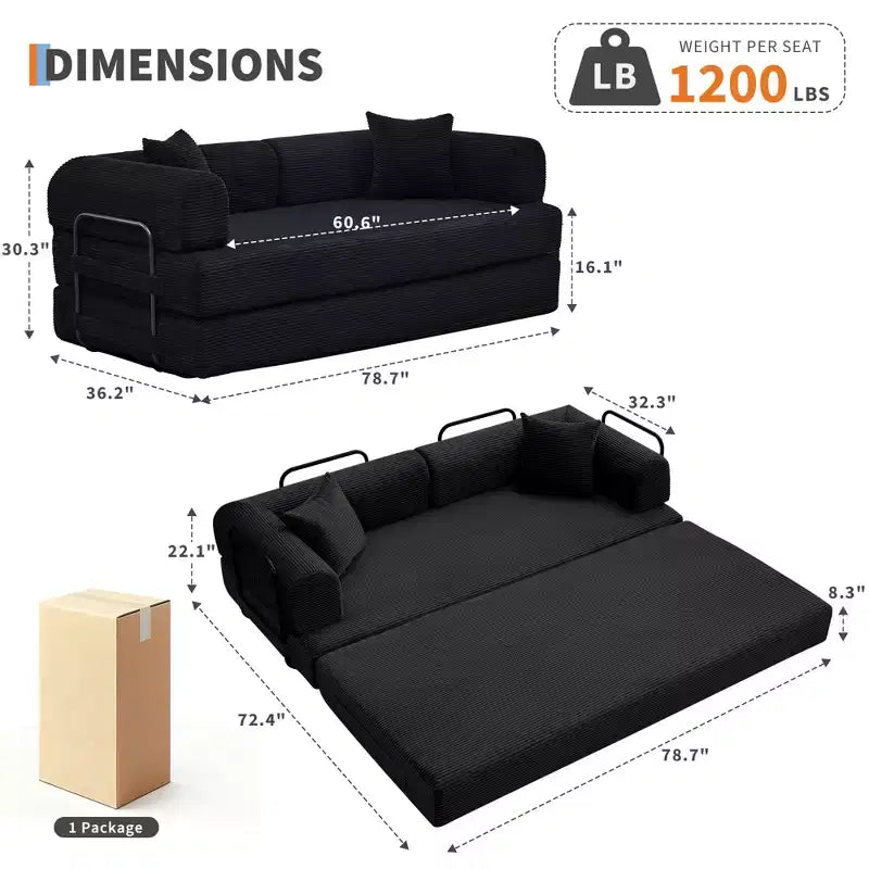 78.7 Boneless Corduroy 4-in-1 Sleeper Sofa Bed, Folding Floor Futon Loveseat with Pillows (No Assembly)