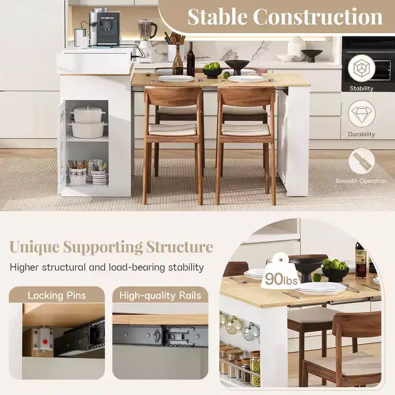 Whisen Extendable Dining Table, Mobile Rolling Island Table with 3 Removable Middle Leaves, Storage Cabinet
