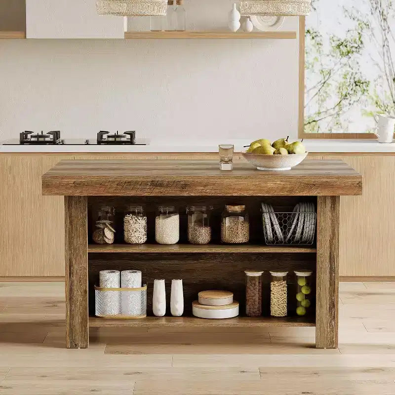 Lantine 55 Inches Kitchen Island with Storage, 3-Tier Wooden Stationary Island Table, Modern Bar Table with Storage Shelf for Kitchen, Rustic Brown