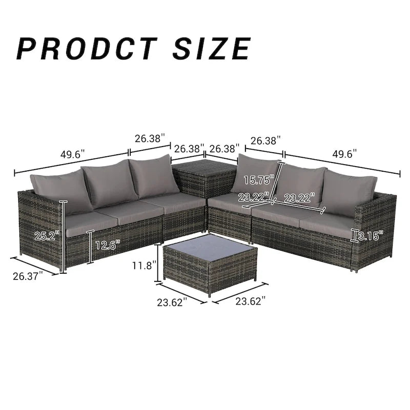 6-Piece Wicker Sectional Sofa Set with Corner & Glass Table