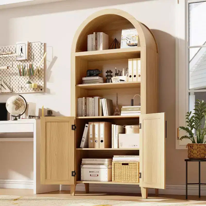 5-Tier Open Display Shelf with Rattan Decor, Farmhouse Storage Cabinet, Arched Kitchen Pantry Storage Cabinet, for Home, Office, Living Room