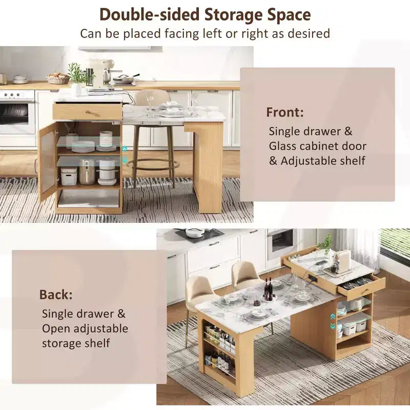 59.5 Kitchen Island with Extendable Dining Table, Double-Sided Storage & Power Outlet, Natural