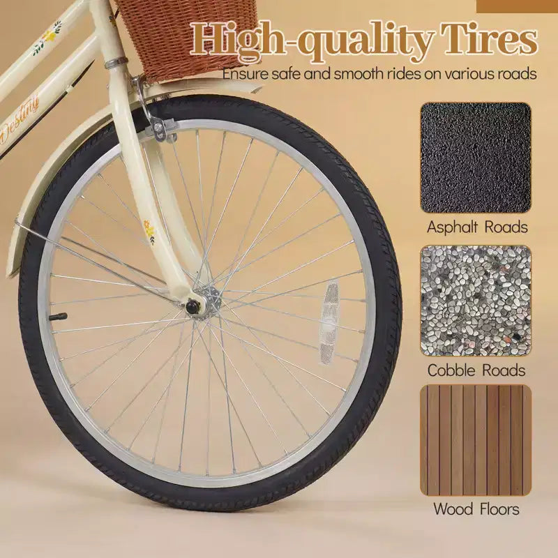 Gymax 24-Inch Beach Cruiser Bike w/Adjustable Seat Woven Basket & Rear Rack for City