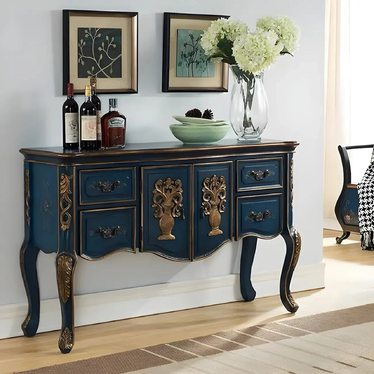 French Coffee Wood Storage Console Table with Drawers