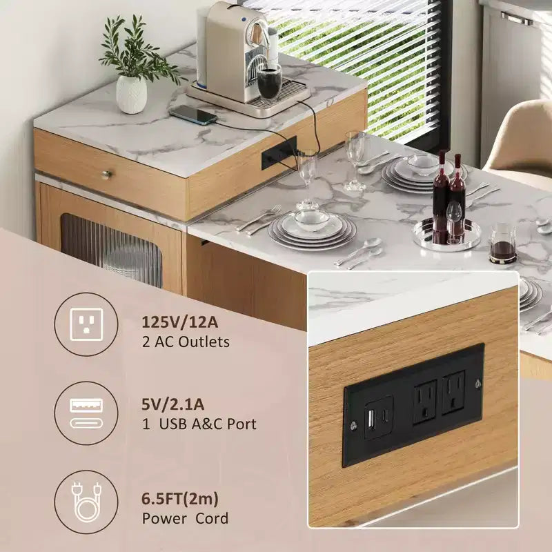 59.5 Kitchen Island with Extendable Dining Table, Double-Sided Storage & Power Outlet, Natural