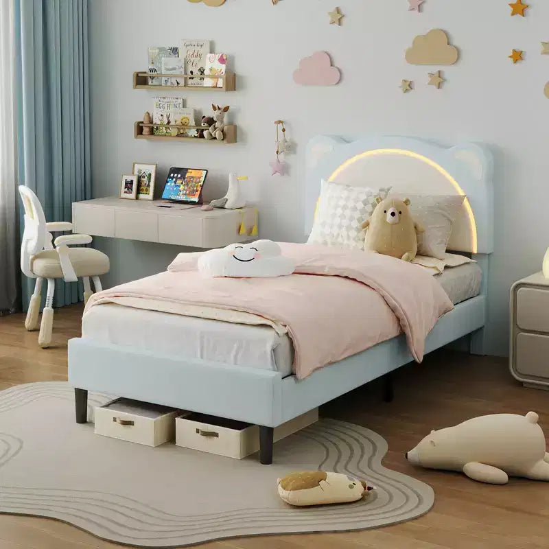 Cute Kids Bed Frame - Adjustable adorable bear design, suede upholstery, storage drawers, solid wood slats, quiet design, easy to assemble.