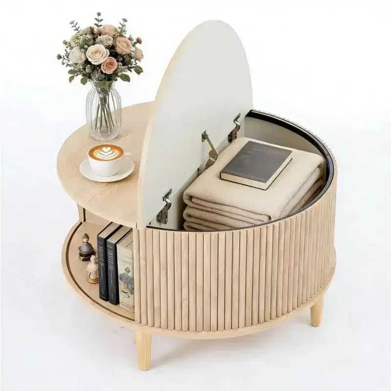 Table Basse Ronde avec Rangement NAYSAYE, Table Centrale Cannelée de 80 cm pour Salon, Table d'Appoint Circulaire Moderne en Noyer pour Petit Espace