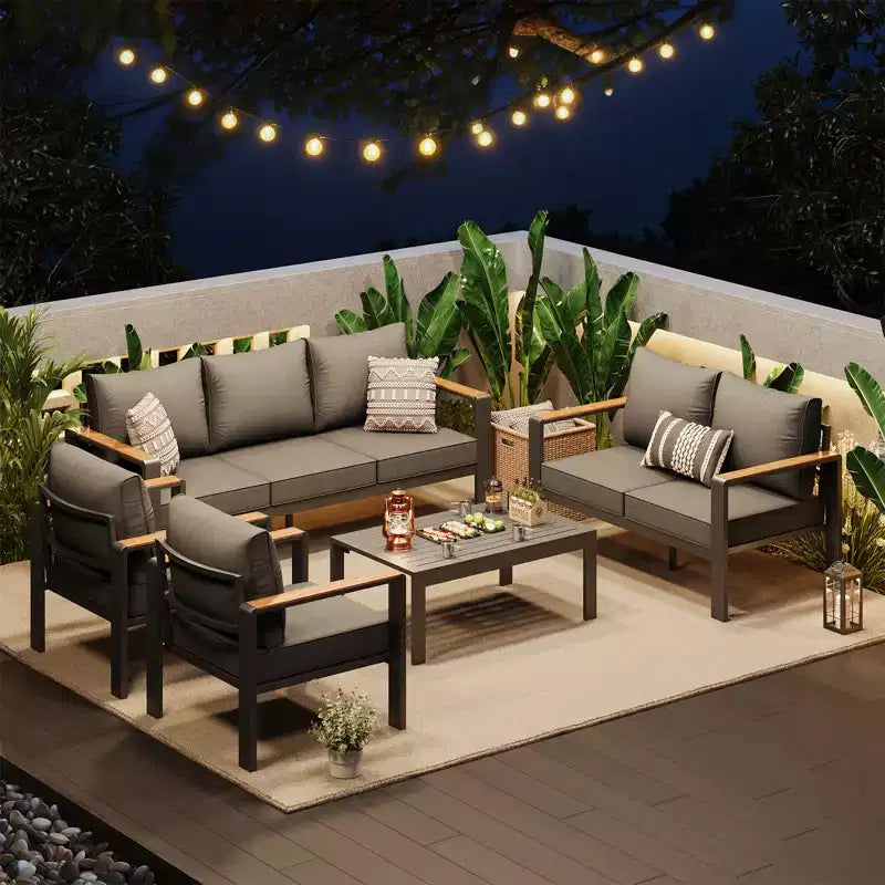 Aluminum Patio Furniture Set, Outdoor Sectional Sofa with 5 Thick Cushions, 4 Armrests & Coffee Table for Garden, Deck, Backyard