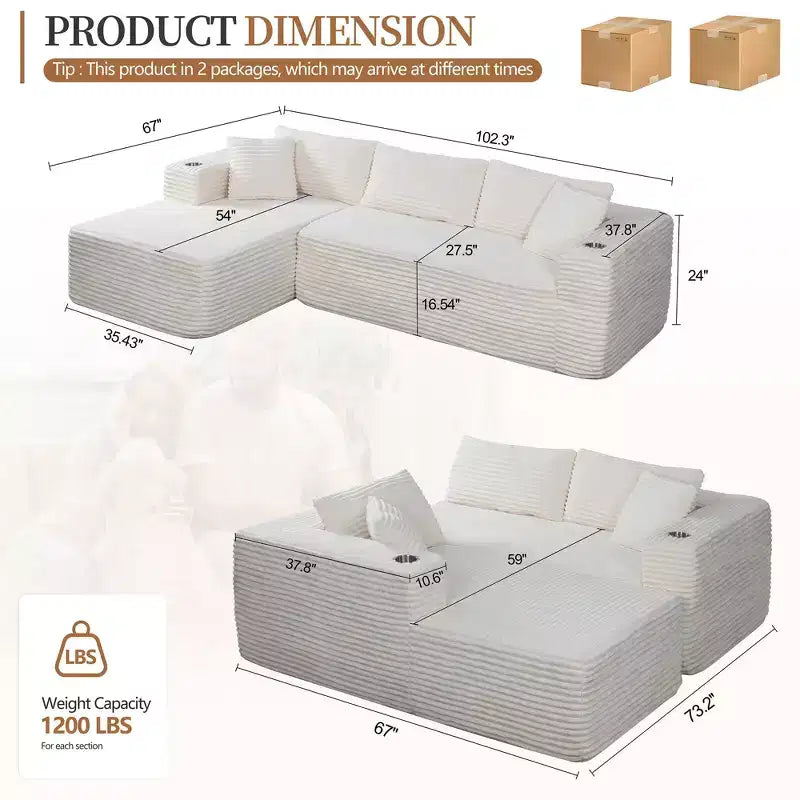 Celebalcony 103 Boneless Modular Sectional Sofa, L-Shaped Chaise with 2 Cup Holders, Plush Corduroy Cloud Couches for Living Room, No Assembly