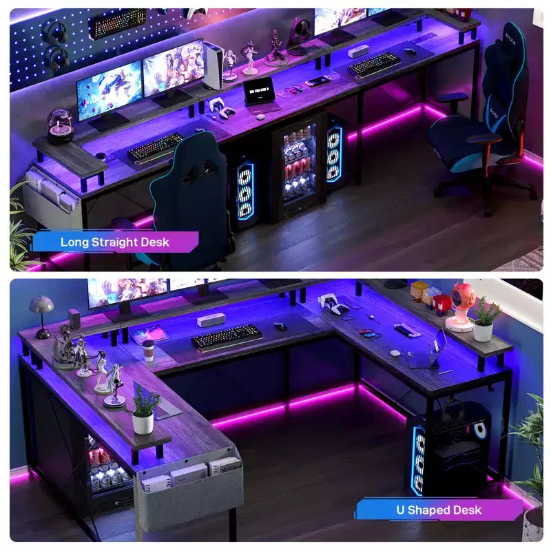 COZONY 78 U/L Shaped Gaming Desk, Reversible Computer Desk with Power Outlets, LED Lights, Monitor Stand & Storage Shelf, Corner Desk for Home Office