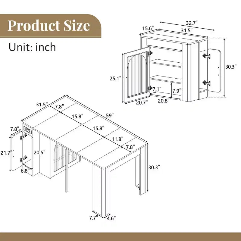 Whisen Extendable Dining Table, Mobile Rolling Island Table with 3 Removable Middle Leaves, Storage Cabinet