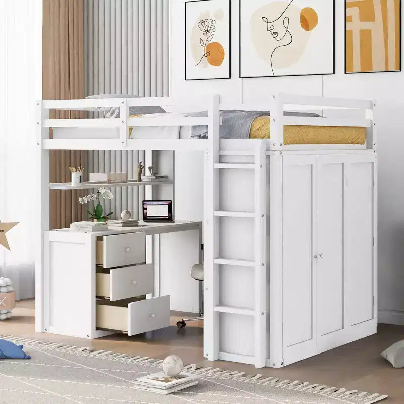 CLIHOME Full size Loft Bed with 3 Storage Drawers, Desk and Wardrobe