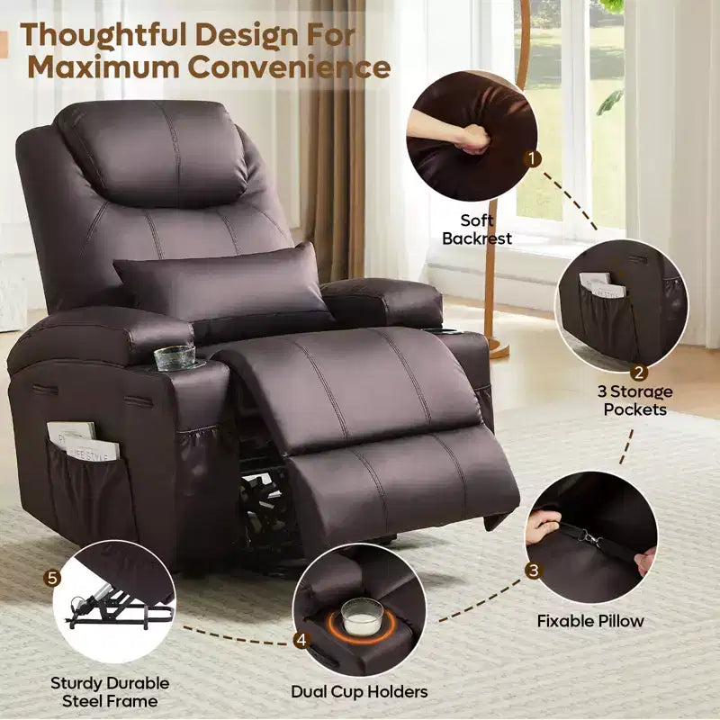 Bestier 34.6 Electric Power Lift Asist Recliner Chair with Massage and Heat, Fax Leather Reclining Chair with Side Pockets & Cup Holders