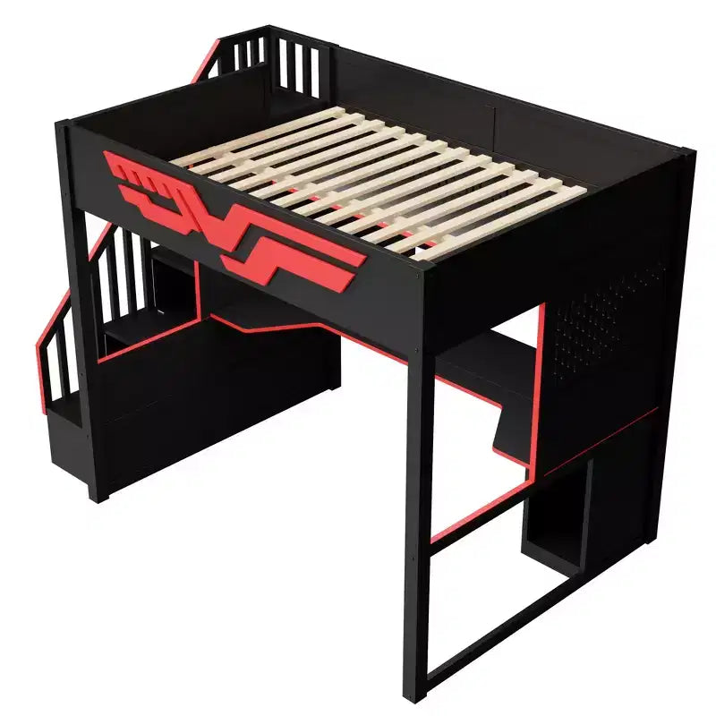 Full Gaming Loft Bed with Desk and LED Light, Wood Full Size Stairway High Loft Bed and Storage Staircase and USB, Red+Black