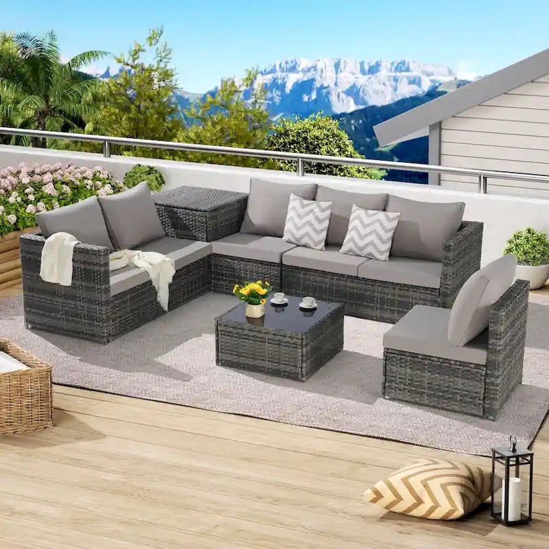 6-Piece Wicker Sectional Sofa Set with Corner & Glass Table