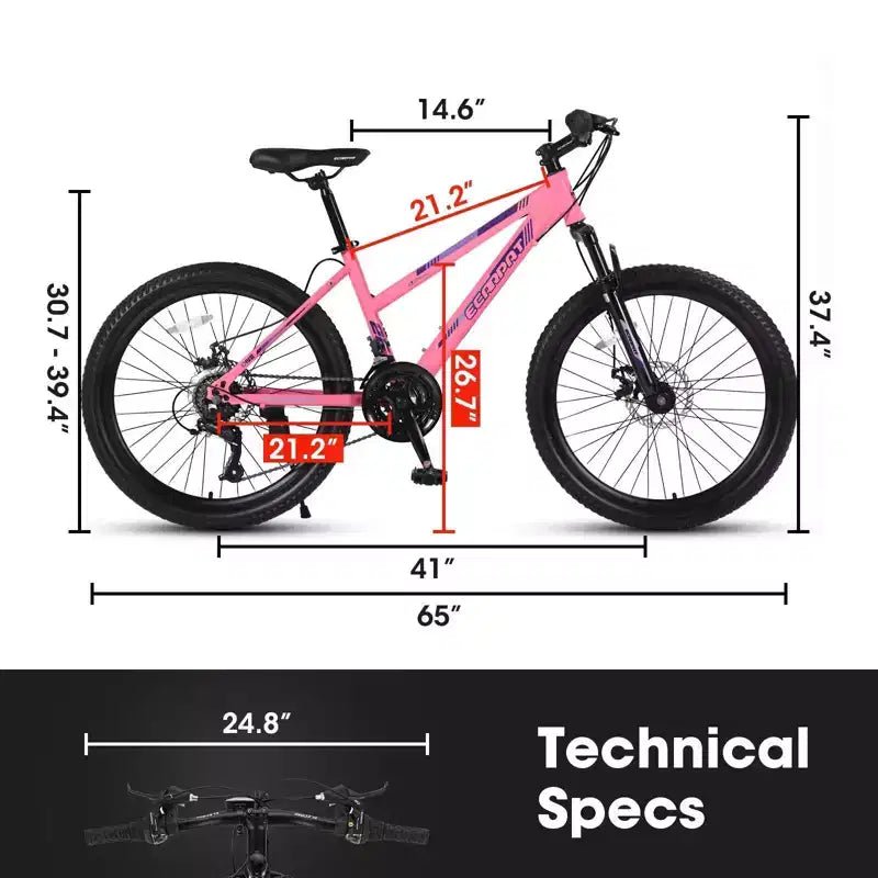 NAYSAYE Bicycle 26 Inch Mountain Bike with 21 Speed Shifter Dual Disc Brakes for Teenagers and Women, Pink, 65*24.8*37.4