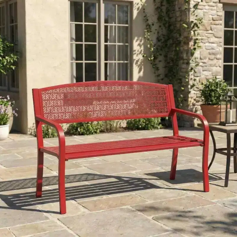 2 Person Metal Outdoor Bench for Garden, Steel Benches Furniture with Geometric Backrest for Patio, Garden & Porch