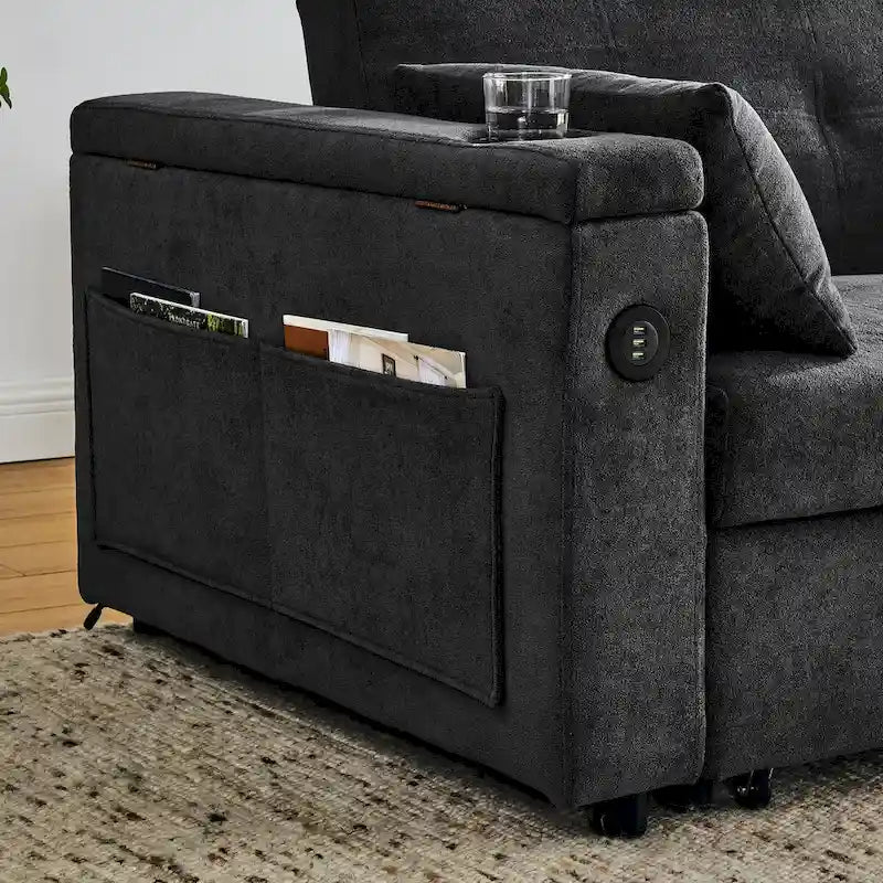 54 Pull-Out Sleeper Sofa Bed, 2 Seat Recliner Sofa Bed with Storage, Lumbar Pillow, USB Power Outlet