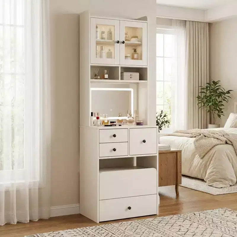 3-in-1 Makeup Vanity Desk with Lighted Mirror, Compact Vanity Table with Drawers, Storage Compartment & Rolling Stool for Bedroom