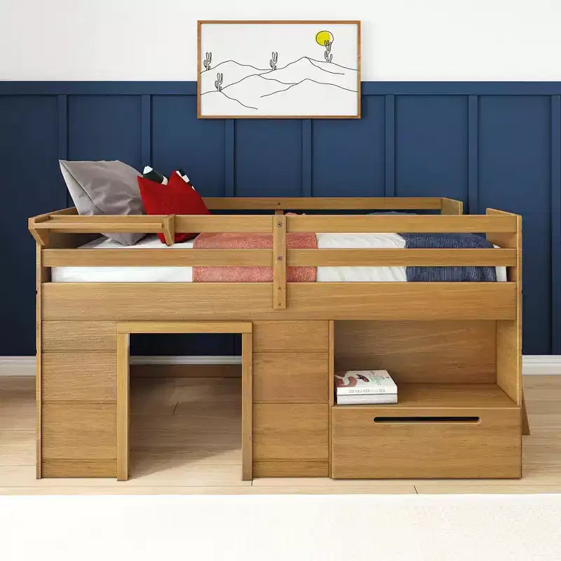 Max & Lily Modern Farmhouse Low Loft Bed with Storage Drawer, Solid Wood Bed for Kids