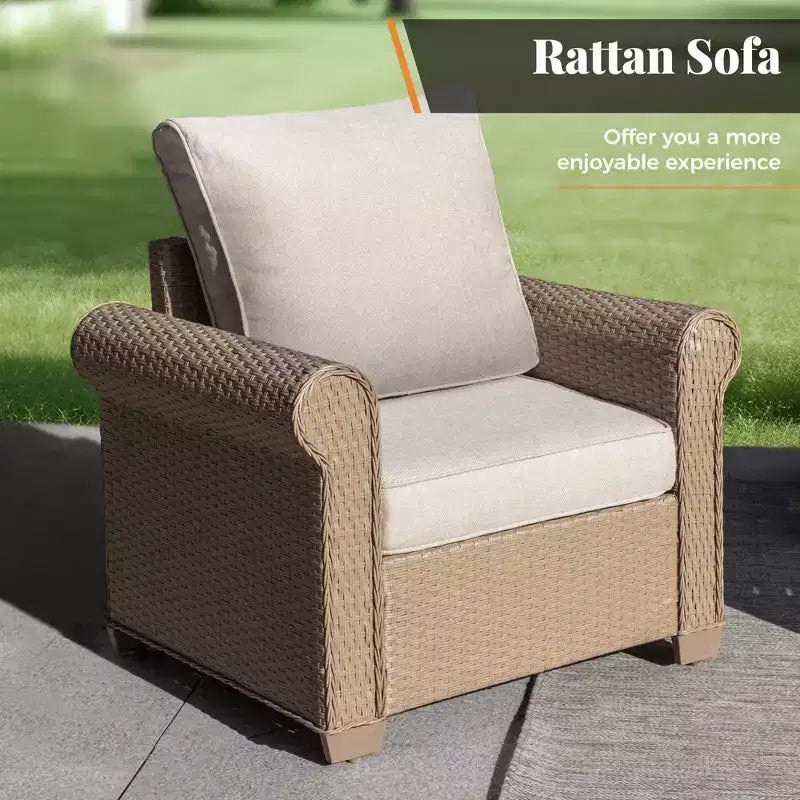 Captiva Designs Luxury Wicker Patio Conversation Fire Pit Set with Curved Armrests with Cushions