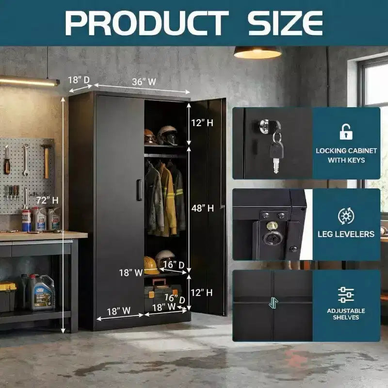 72in Heavy Duty Steel Wardrobe Cabinet with Lock, Metal Garage Storage Cabinets, Metal Cabinet Storage for Home, Bedroom, Office, Closet