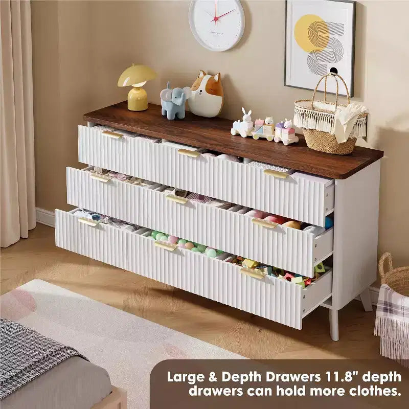 Fluted 9-Drawer Dresser, 60.6 Wide Wood Chest of Drawers with Deep Storage, for Bedroom, Living Room, or Hallway Use