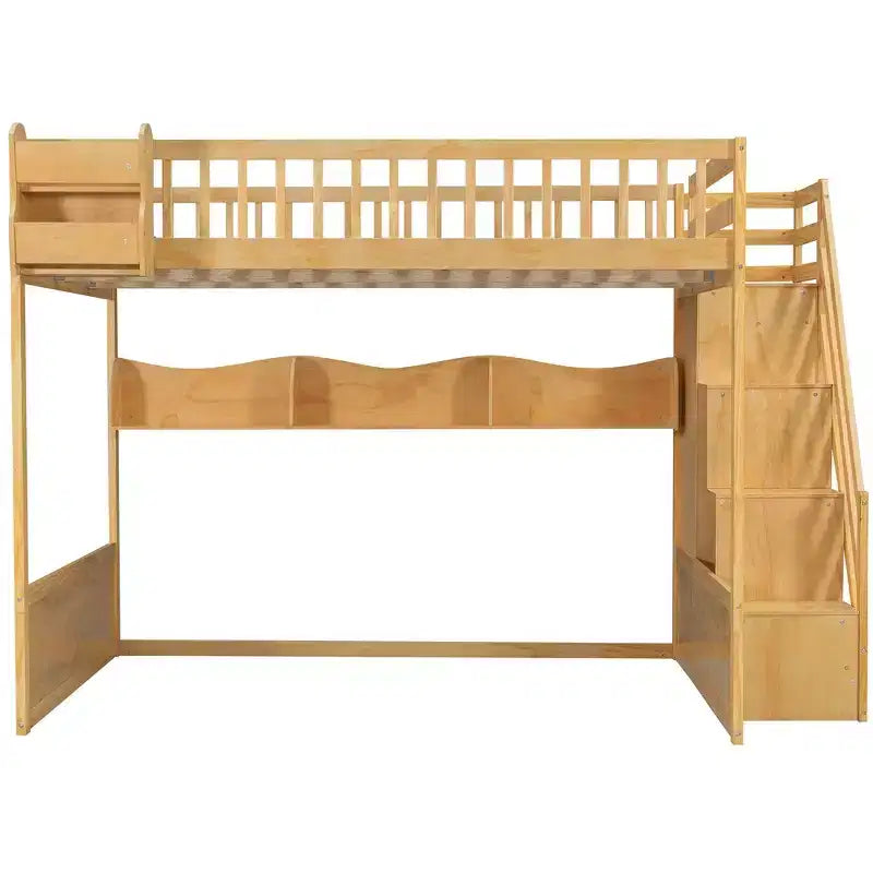 Queen Loft Bed Frame with Staircase, Wardrobe & Storage Shelves - MDF, 650 lb