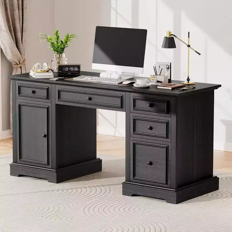 Bureau exécutif 60 po de style campagnard pour bureau à domicile – Bureau d'écriture en bois avec tiroirs, rangement d'armoire, bureau rustique pour le travail et les études