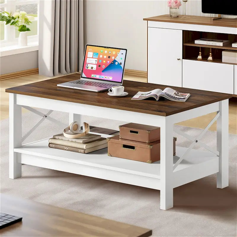 Farmhouse Wood Accent Coffee Table with Large Storage Shelf