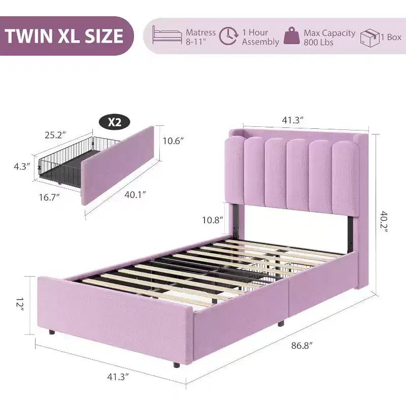 Bed frame with storage headboard, childrens bed frame with 2 drawers, fabric upholstered platform bed, contoured headboard with bookshelf