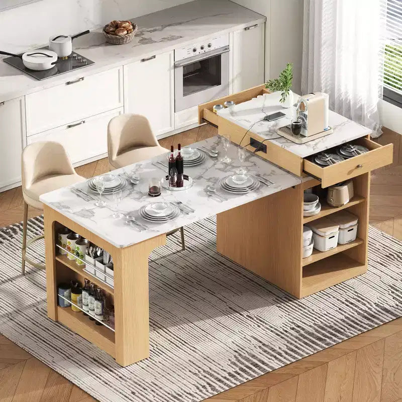 59.5 Kitchen Island with Extendable Dining Table, Double-Sided Storage & Power Outlet, Natural