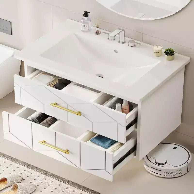 Modern Floating Bathroom Vanity Set with Basin - Wall-Mounted Cabinet with Soft-Close Storage Drawer and Gold Handle, 24 or 30 Size