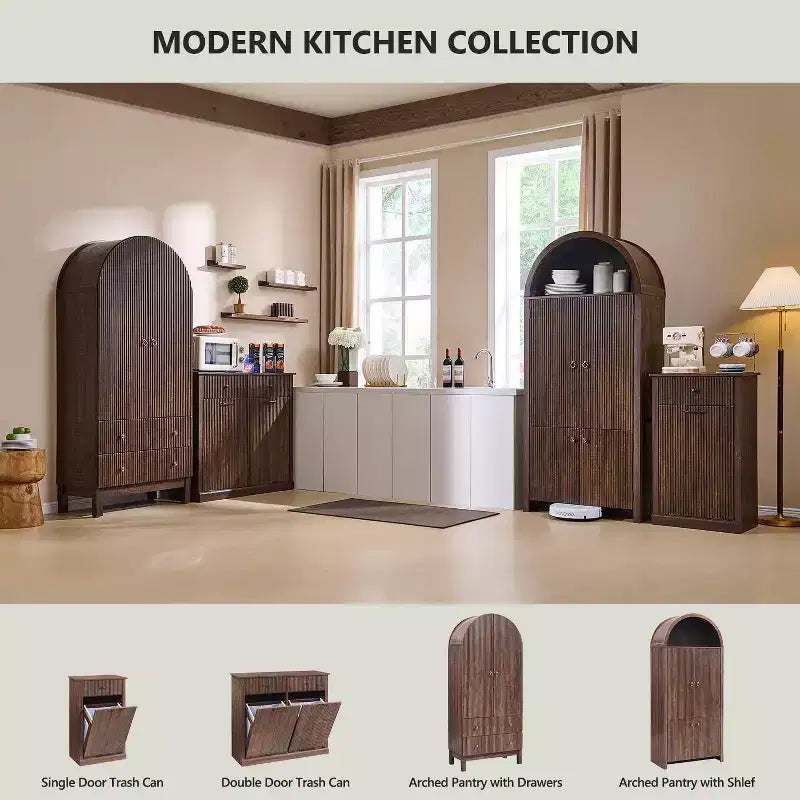 71 Tall Arched Kitchen Pantry, Modern Storage Cabinet with 3 Adjustable Shelves, 6 Door Shelves, for Kitchen, Living Room
