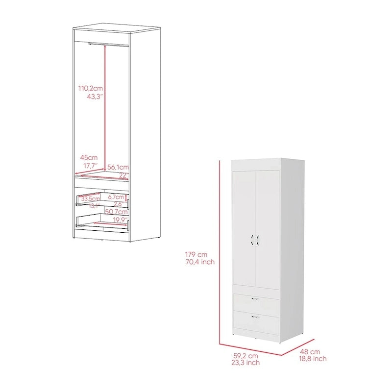 18.9  Modern Double-door Armoire with Two Bottom Drawers and Hanging Rod for Bedroom