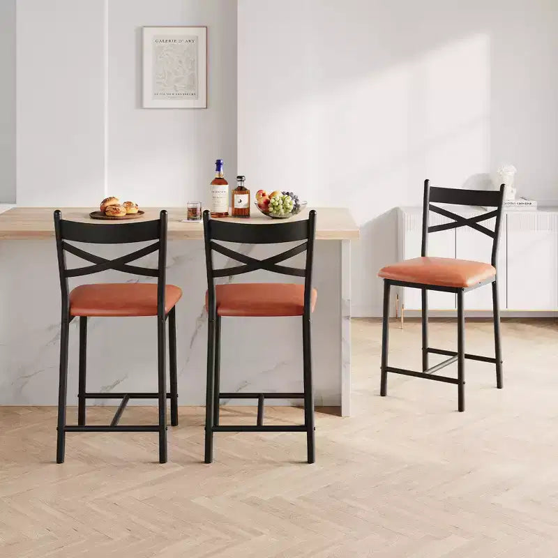 Bar Stools Set of 4, PU Upholstered Bar Chairs, Kitchen Island Chairs with X-Shaped Backrest and Metal Footrest, Black Counter Height Chairs