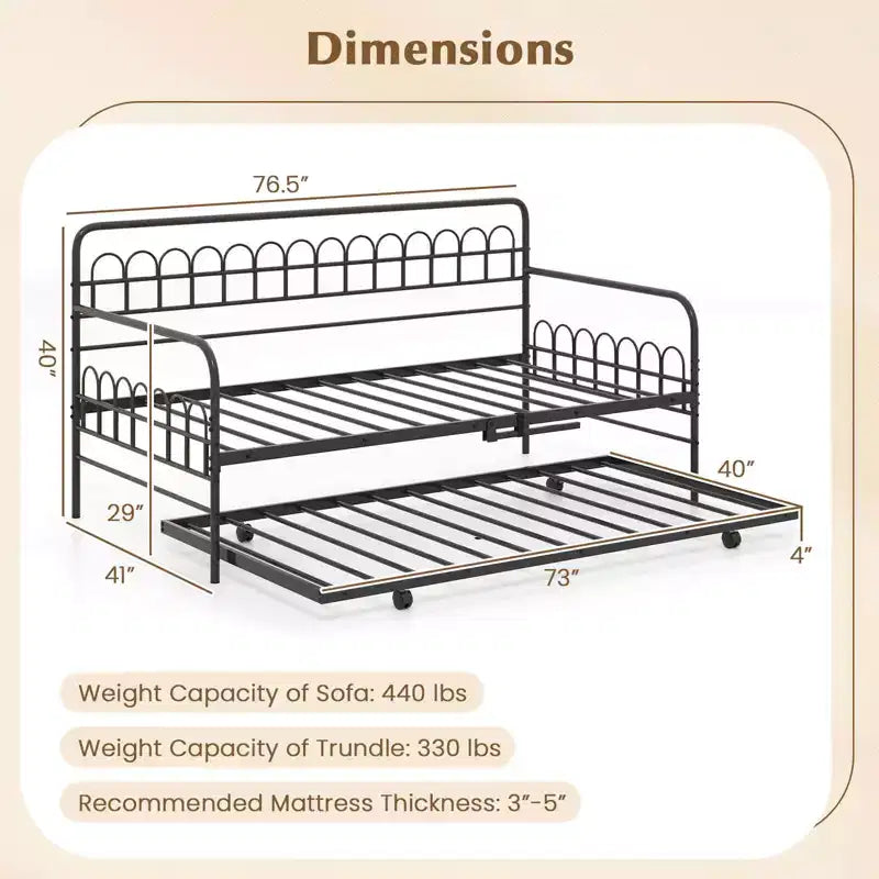 Costway Twin Daybed with Trundle Curved Backrest & Armrests Heavy-duty Metal Slats Black/Gold