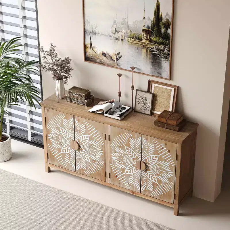 MAYEERTY 60 Wood Accent Cabinet with 4 Doors Brown and Antique White Modern Pantry Cabinet for Living Room Bedroom