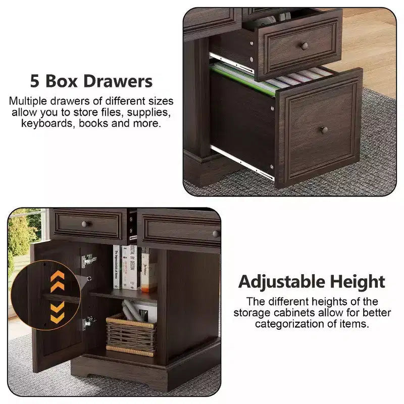 Bureau exécutif 60 po de style campagnard pour bureau à domicile – Bureau d'écriture en bois avec tiroirs, rangement d'armoire, bureau rustique pour le travail et les études