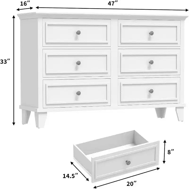 Dresser for Bedroom, 6 Drawer Wide Dresser Storage Organizer, Modern Wooden Chest of Drawers with Metal Handles for Hallway, Entryway, Home Office