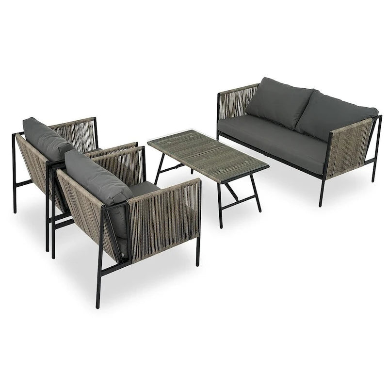 4 PCS Outdoor Rope Patio Set for 4 with Cushions and Glass Table