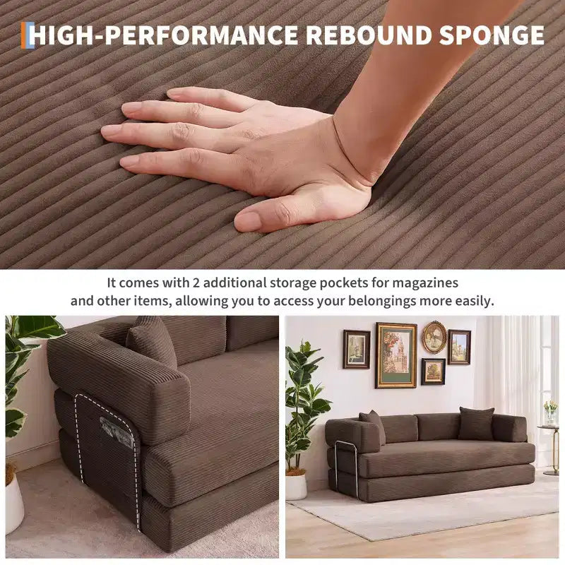 Modern 79 Corduroy Futon Sofa Bed for Small Spaces, 5-in-1 Convertible Sleeper Couch with Removable Armrests & Pillows
