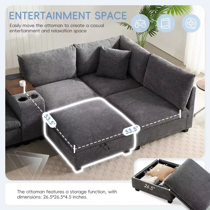 Canapé sectionnel modulaire surdimensionné Clihome 140 avec pouf de rangement mobile, porte-gobelet, siège large, chargeur USB, canapé en velours côtelé en forme de U à 6 places