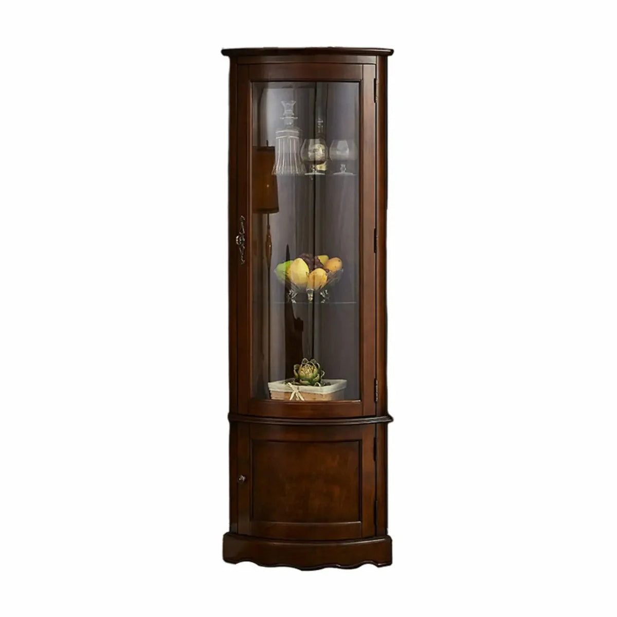 Classic Brown Rubberwood Corner Cabinet with Glass Door