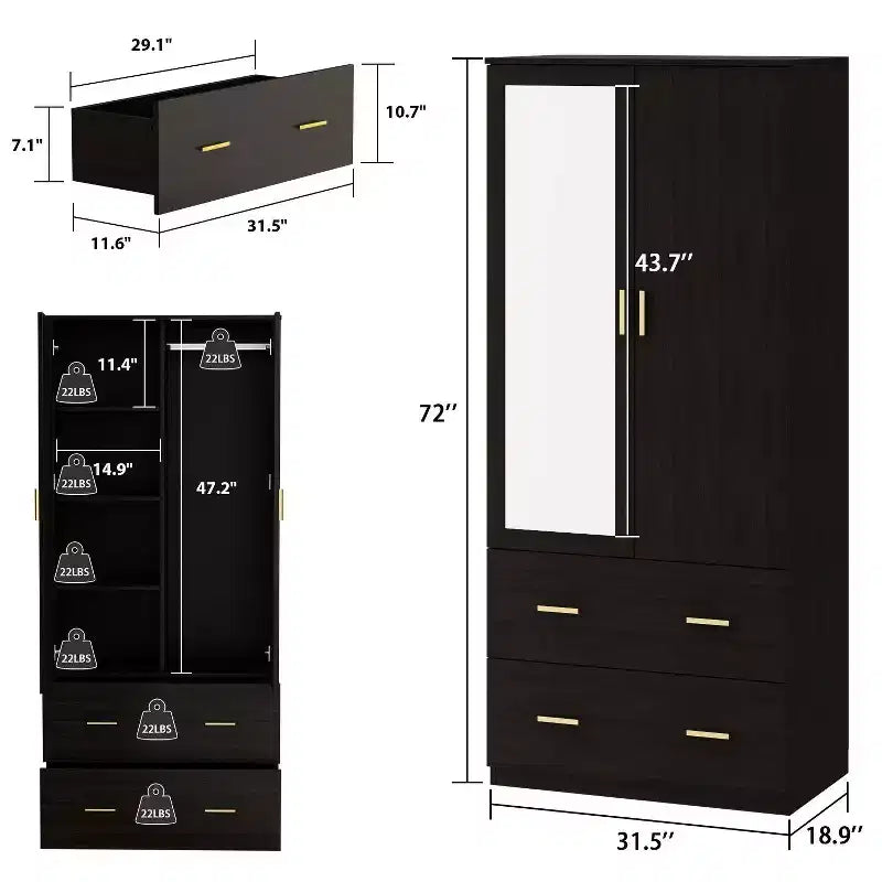 Hitow Armoire Double Drawer Mirrored Door Closet Zoned Storage