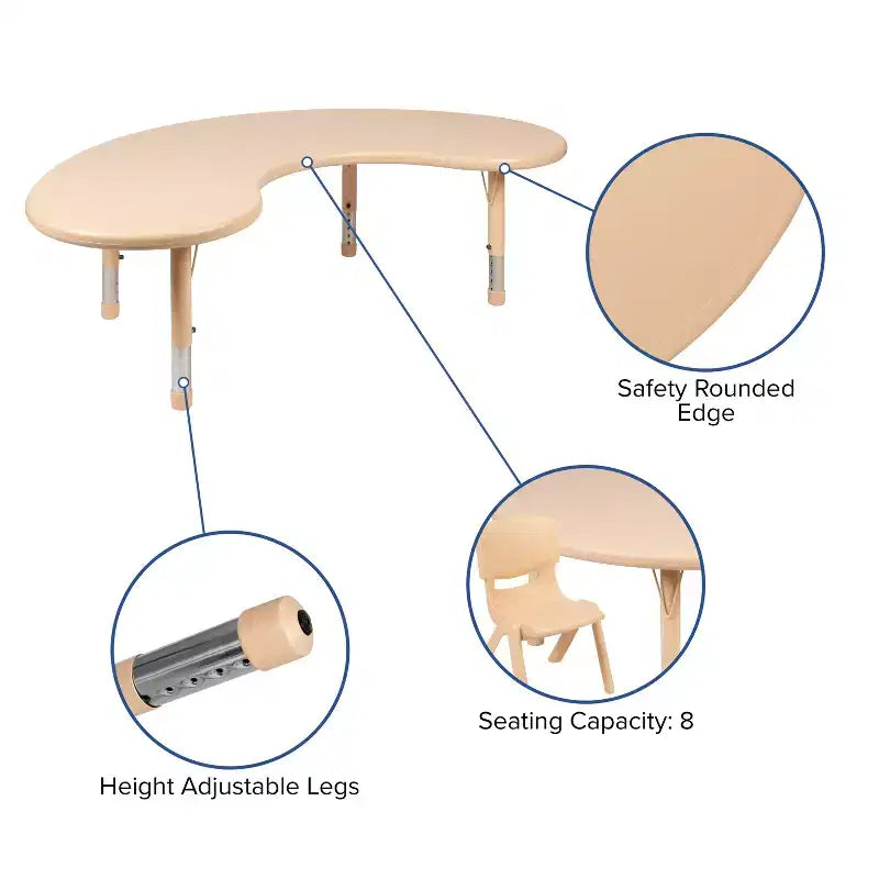 Emma and Oliver 35W x 65L Half-Moon Plastic Height Adjustable Activity Table Set with 4 Chairs