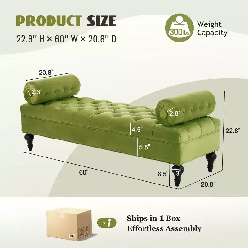 Modern End of Bed Bench for Bedroom, Velvet Upholstered Window Bench with 2 Detachable Pillows for Living Room or Entryway-Panipeachy