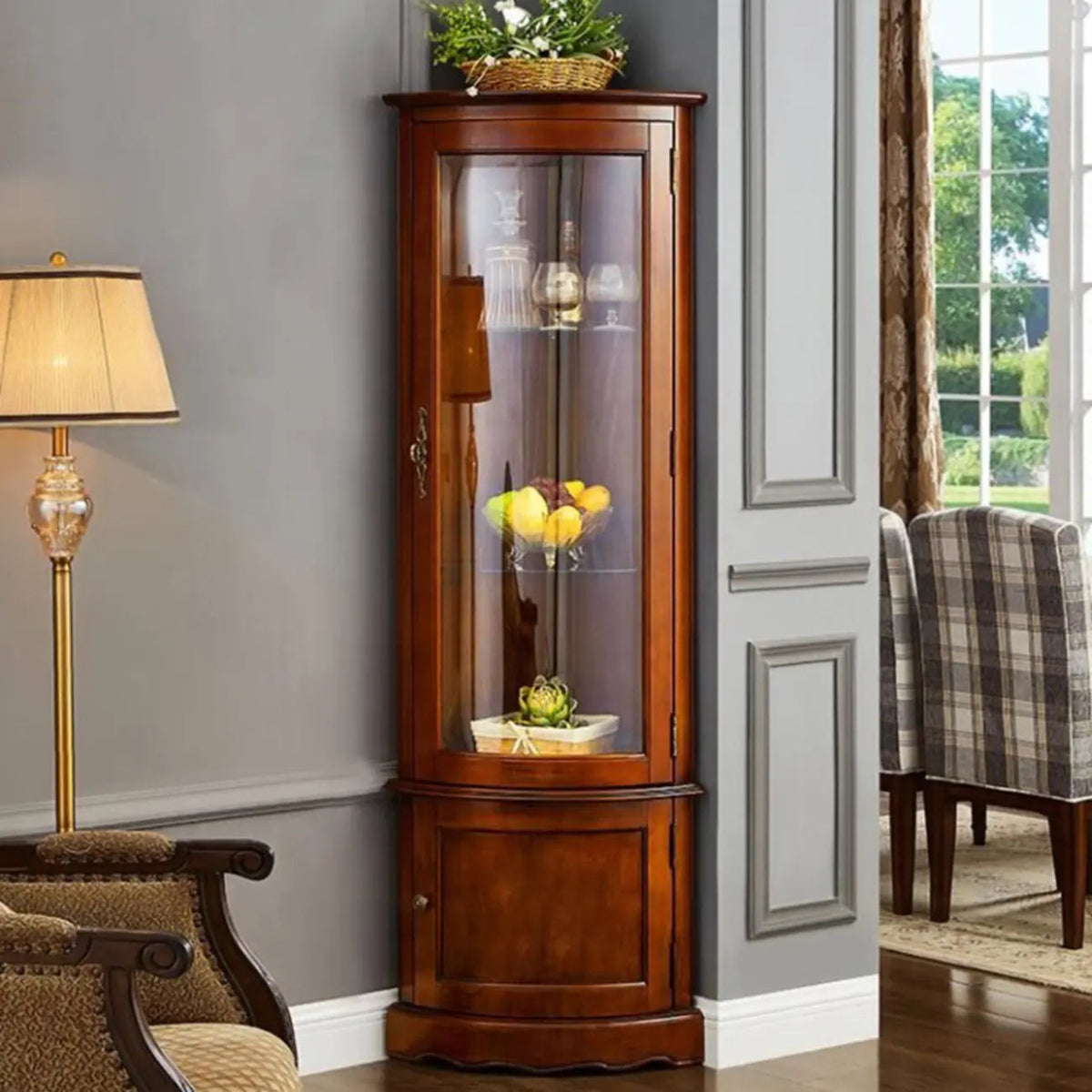 Classic Brown Rubberwood Corner Cabinet with Glass Door