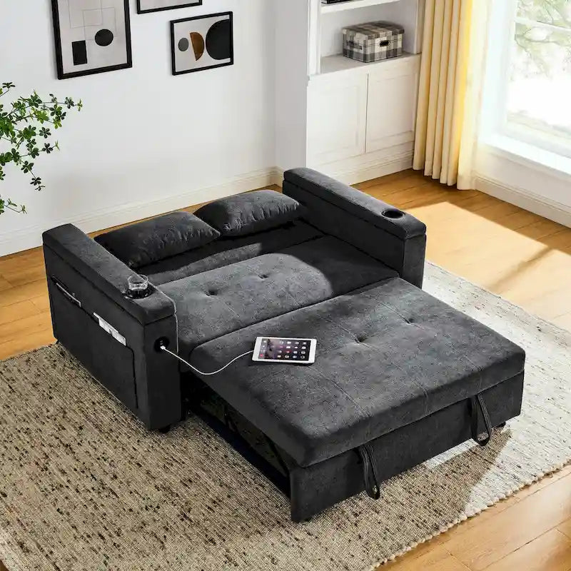 54 Pull-Out Sleeper Sofa Bed, 2 Seat Recliner Sofa Bed with Storage, Lumbar Pillow, USB Power Outlet