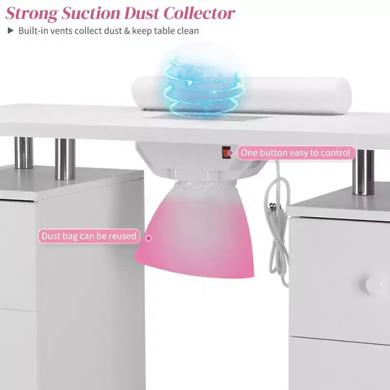 42.5 in. White MDF 3-Drawer Manicure Table Nail Desk with Storage, Doors, Electric Dust Collector